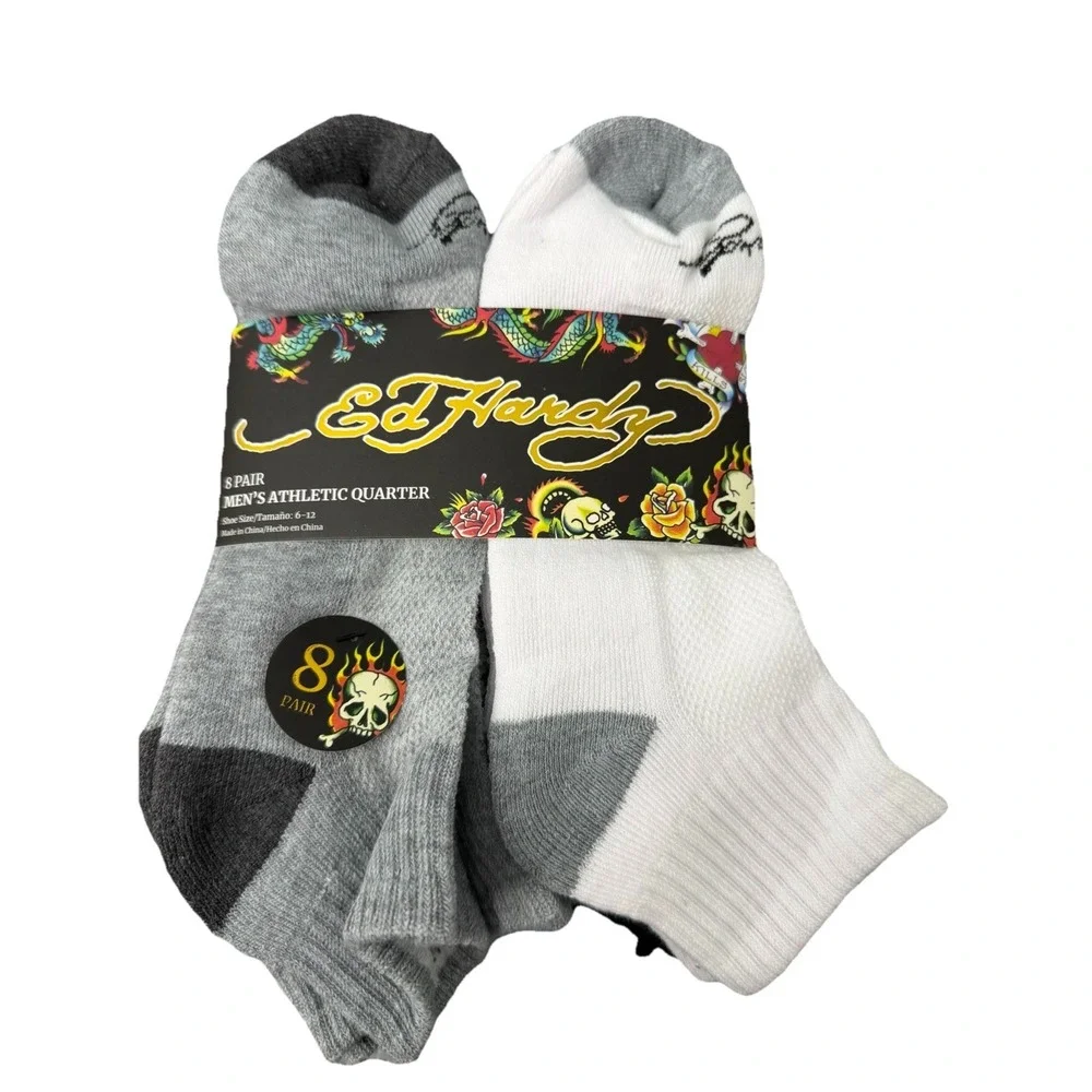 Ed Hardy Men's Athletic Quarter Socks - 8 Pairs -‎ Mixed Colors Moisture SZ 6-12